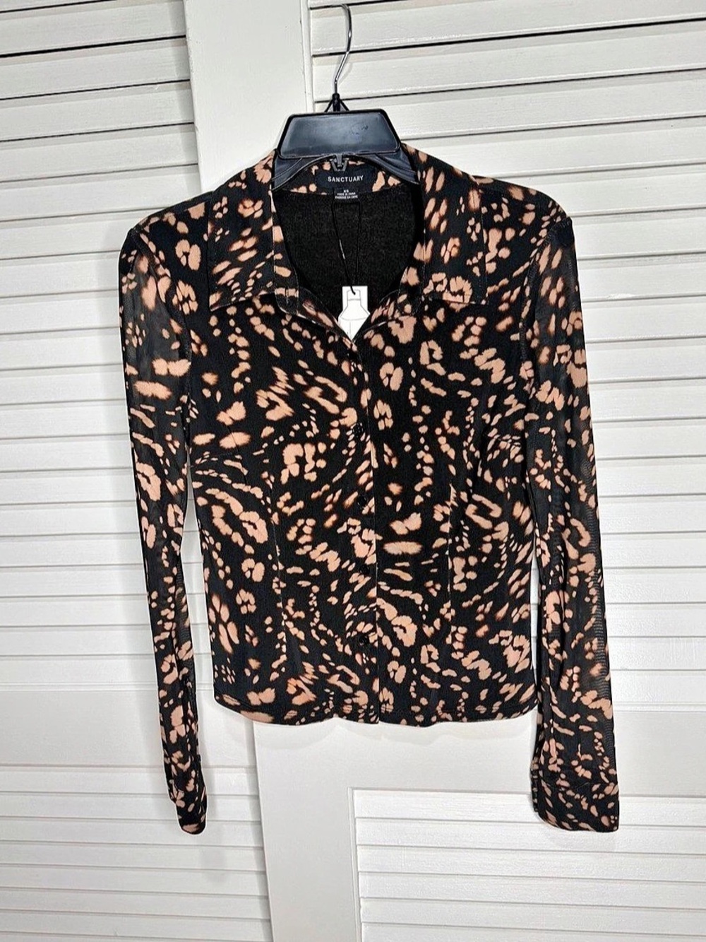 Sanctuary Fitted Mesh Button Down Top Animal Print Black & Brown XS